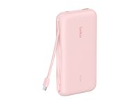 Belkin BoostCharge - Power bank - med integrerad kabel - 20000 mAh - 30 Watt - PD - 3 utdatakontakter (2 x USB-C, USB) - MFI-certifierad - rosa BPB024HQPK