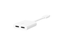 Belkin Connect Audio + Charge - USB-C till USB-C-hörlurar/laddningsadapter - USB-C hane till USB-C hona - 14 m - vit - USB Power Delivery (60W) F7U081BTWH